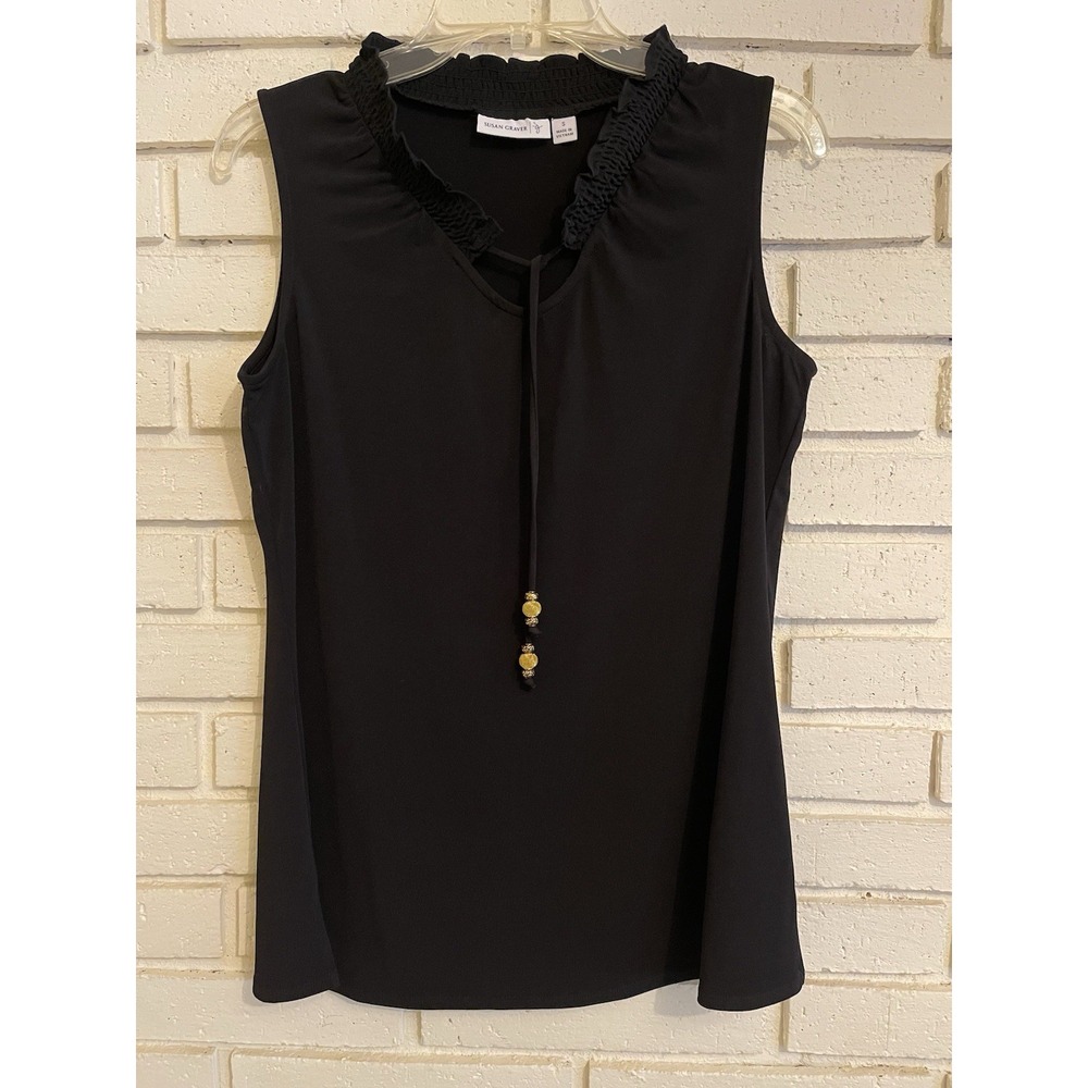 Susan Graver Sm. Liquid Knit Tank Gathered Neckline Bead Detail Sleeveless Black